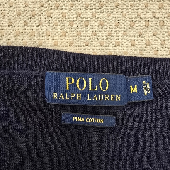 Polo Ralph Lauren Mens V-Neck Sweater Size Med  100% Pima Cotton Navy Blue Logo - Picture 2 of 9